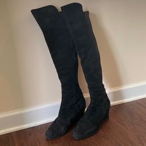 STUART WEITZMAN black suede Lander over the knee wedge boots